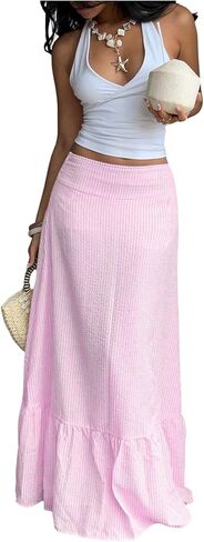 Milumia Women's Striped Ruffle Hem A Line Skirt Mid Waisted Summer Beach Maxi Skirts in Kuwait
