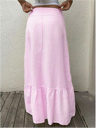Milumia Women's Striped Ruffle Hem A Line Skirt Mid Waisted Summer Beach Maxi Skirts in Kuwait