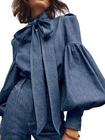 Womens Denim Blouse Pullover Bow-Embellished Long Puff Sleeve Jean Buttoned Vintage Shirts Tops in Saudi Arabia