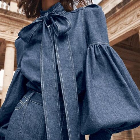 Womens Denim Blouse Pullover Bow-Embellished Long Puff Sleeve Jean Buttoned Vintage Shirts Tops in Saudi Arabia