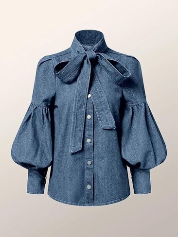 Womens Denim Blouse Pullover Bow-Embellished Long Puff Sleeve Jean Buttoned Vintage Shirts Tops in Saudi Arabia