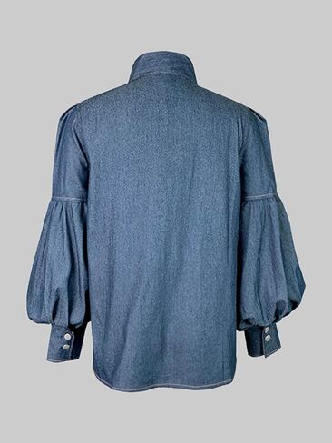 Womens Denim Blouse Pullover Bow-Embellished Long Puff Sleeve Jean Buttoned Vintage Shirts Tops in Saudi Arabia