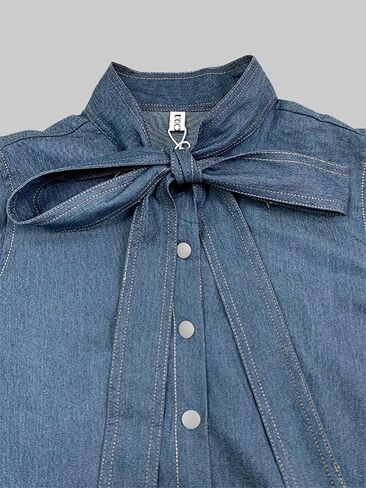 Womens Denim Blouse Pullover Bow-Embellished Long Puff Sleeve Jean Buttoned Vintage Shirts Tops in Saudi Arabia