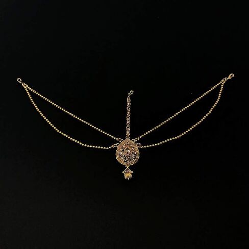 Duel On Jewel Ethnic Indian Forehead Traditional Kundan CZ Gold Plated Handmade Red Drop Maang Tika Party Wedding For Women Girls in Kuwait