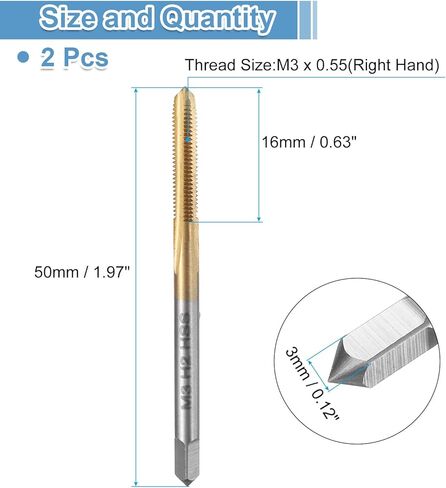 uxcell 2pcs Straight Flute Thread Tap, M4 x 0.7 Metric Titanium Coated Screw Threading Tapping Tool Thread Milling Machine Taps, High-Speed Steel 6542 (HSS 6542) in Saudi Arabia