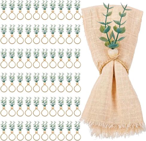 JIEYAO Set of 60 Eucalyptus Leaf Napkin Rings, Farmhouse Boho Napkin Holders Rustic Wood Bead Table Decor for Weddings Christmas Easter Party Decoration in Saudi Arabia
