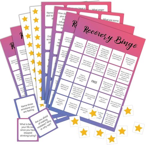 Faccito 33 PCS Recovery Bingo Games مع 24 لاعبًا Bingo Cards 7 Sheet Cross Cross Chips 2 بطاقات استدعاء أسئلة Group Therapy Game للبالغين وفضلات عطلة العطلات العائلية in Saudi Arabia