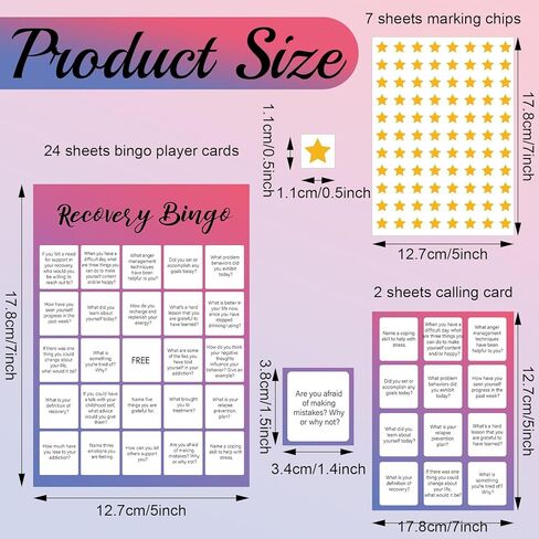 Faccito 33 PCS Recovery Bingo Games مع 24 لاعبًا Bingo Cards 7 Sheet Cross Cross Chips 2 بطاقات استدعاء أسئلة Group Therapy Game للبالغين وفضلات عطلة العطلات العائلية in Saudi Arabia