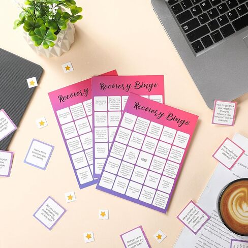 Faccito 33 PCS Recovery Bingo Games مع 24 لاعبًا Bingo Cards 7 Sheet Cross Cross Chips 2 بطاقات استدعاء أسئلة Group Therapy Game للبالغين وفضلات عطلة العطلات العائلية in Saudi Arabia