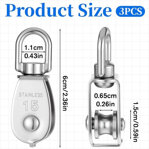 3Pcs 304 Stainless Steel M15 Single Pulley Block, Can Swivel Rope Pulley, Lifting Single Pulleys Block, Wire Rope Hanging Wire Towing Wheel in Saudi Arabia
