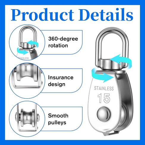 3Pcs 304 Stainless Steel M15 Single Pulley Block, Can Swivel Rope Pulley, Lifting Single Pulleys Block, Wire Rope Hanging Wire Towing Wheel in Saudi Arabia