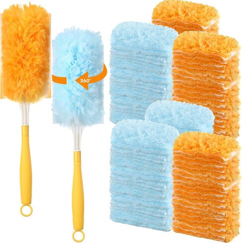 60 Pack Heavy Duty Duster Refills with 2 Handle 360 Microfibre Duster Replacement Head Disposable for Cleaning Blind Fan Furniture Electronics(Orange and Blue) in Saudi Arabia
