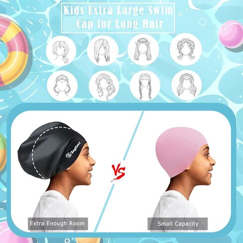 Kids Extra Large Swim Cap for Long Thick Hair Braids and Dreadlocks, Waterproof Silicone Keep Hair Dry Swimming Caps for Toddler Child Youth Girls Bath Pool Shower Cap 1-3 Pack in Kuwait