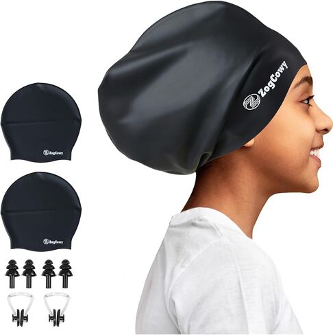 Kids Extra Large Swim Cap for Long Thick Hair Braids and Dreadlocks, Waterproof Silicone Keep Hair Dry Swimming Caps for Toddler Child Youth Girls Bath Pool Shower Cap 1-3 Pack in Kuwait