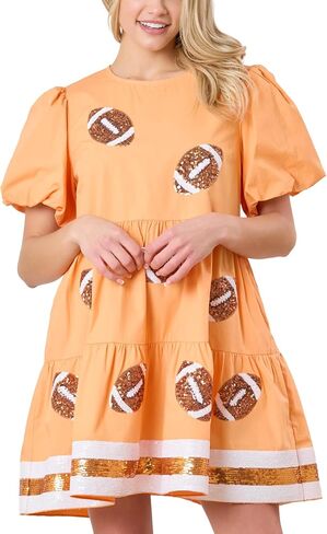 Hey Sweetie Women's Football Sequin Stripe Shirt Dress – Collared Button-Down Puff Sleeve Tiered Dress in Saudi Arabia
