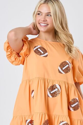 Hey Sweetie Women's Football Sequin Stripe Shirt Dress – Collared Button-Down Puff Sleeve Tiered Dress in Saudi Arabia