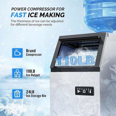 VINGLI Commercial Ice Maker Machine, 110lbs/24H Stainless Steel Under Counter Ice Maker with 24lbs Storage,Dual Water Supply Options,Self-Cleaning,Timing Function,for Home Bar Cafe Restaurant Kitchen in Kuwait