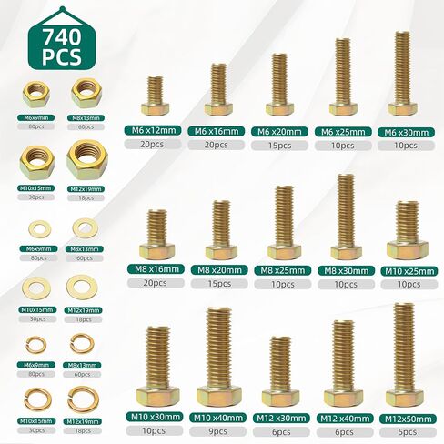 740 PCS Grade 8.8 M6 M8 M10 M12 Procs and Nuts Kit ، طقم تشويش ، مسامير متري من الصلب الشقوق in Saudi Arabia