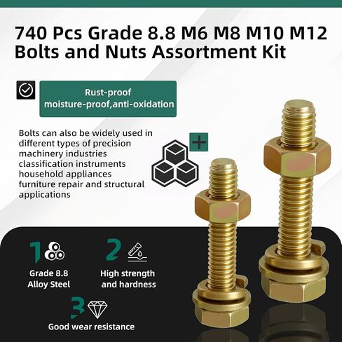 740 PCS Grade 8.8 M6 M8 M10 M12 Procs and Nuts Kit ، طقم تشويش ، مسامير متري من الصلب الشقوق in Saudi Arabia