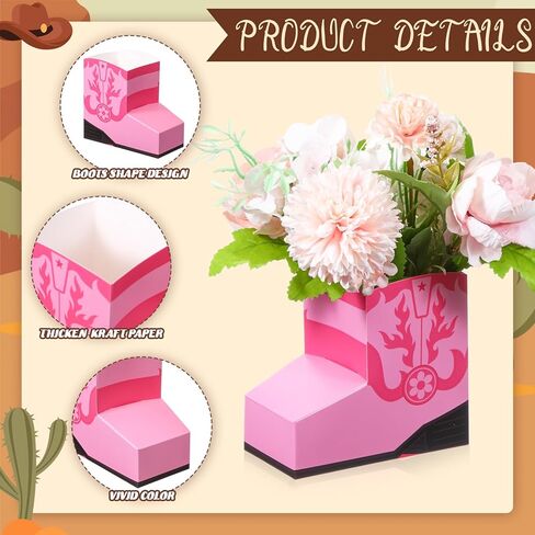 24 PCS Cowboy Cowgirl Boots Fopcorn Boxes Mini Cowboy Boots Shape Flower Boxes Concerpiece for Cowboy Cowgirl Party Party Supplies (Pink) in Saudi Arabia