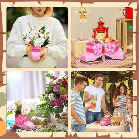 24 PCS Cowboy Cowgirl Boots Fopcorn Boxes Mini Cowboy Boots Shape Flower Boxes Concerpiece for Cowboy Cowgirl Party Party Supplies (Pink) in Saudi Arabia
