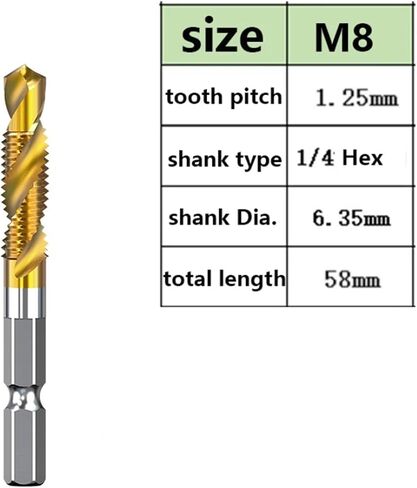 Tap Drill Bits Set Titanium Plated Hex Shank HSS Countersink Thread Metric Screw Machine Compound M3 M4 M5 M6 M8 M10 Hand Tools(M8x1.25 Golden) in Saudi Arabia