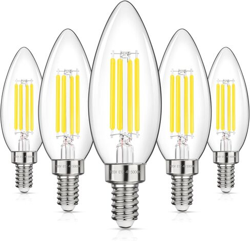 GGOYING LED Chandelier Light Bulbs 40W Equivalent, 500LM E12 Candle Base, 4W B11 Filament Candelabra Bulb Daylight White 5000K, Clear Glass Non-Dimmable, 5 Pack in Kuwait