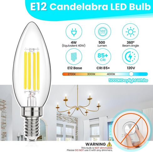 GGOYING LED Chandelier Light Bulbs 40W Equivalent, 500LM E12 Candle Base, 4W B11 Filament Candelabra Bulb Daylight White 5000K, Clear Glass Non-Dimmable, 5 Pack in Kuwait