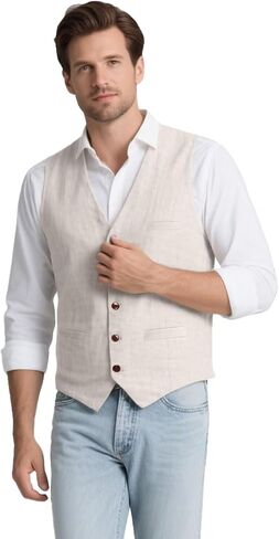 Men Linen Vest Casual Suit Vests Regular Fit Beach Wedding Waistcoat For Mens Groomsmen Party Dress Vest in Saudi Arabia