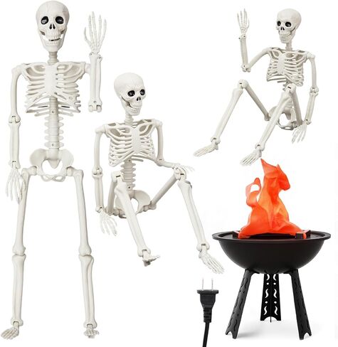 3 حزمة 35 "هياكل عظمية هالوين و 1 حزمة 3D Fire Fire Flame Lights 110V Campfire Lamp 1/2 Life Size Healdon Skeleton عظام واقعية مع مفاصل متحركة لصالح Props Parts Decor in Saudi Arabia