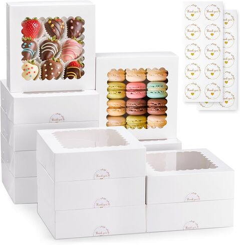 20 Pcs Bakery Boxes with Window, Auto-Pop-Up 8x8x2.5 inches White Treat Boxes for Chocolate Covered Strawberry,Pastry, Cookie, Dessert, Donut and Muffin in Kuwait