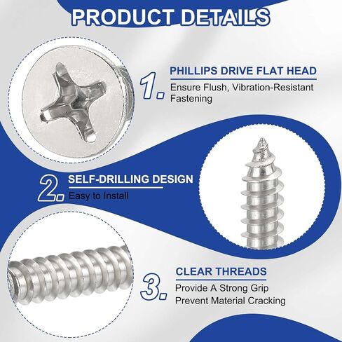 PATIKIL #4x1 مسامير معدنية رأس مسطح ، 100 PCS 304 Phillips الفولاذ المقاوم للصدأ محرك ذاتية النقر على مسامير خشبية لخشب المعادن الجاف دريوال in Saudi Arabia