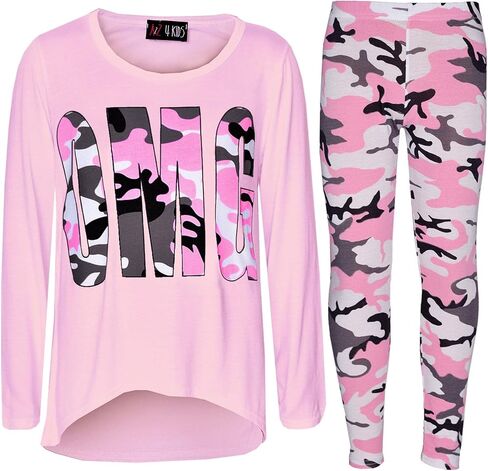 Girls OMG Camouflage Print 3/4 Sleeves Trendy T Shirt - OMG Set Camo Grey 9-10 in Saudi Arabia