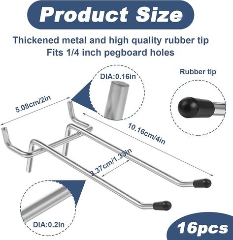 16 PCS PEG Hooks for Pegboard ، خطافات Pegboard 4 بوصة ، خطافات مزدوجة Pegboard تناسب 1/4 "ثقوب pegboard ، أوتاد pegboard الثقيلة مع ترويد المطاط الأسود ، ملحقات منظم لوح الوتر للجراج in Saudi Arabia