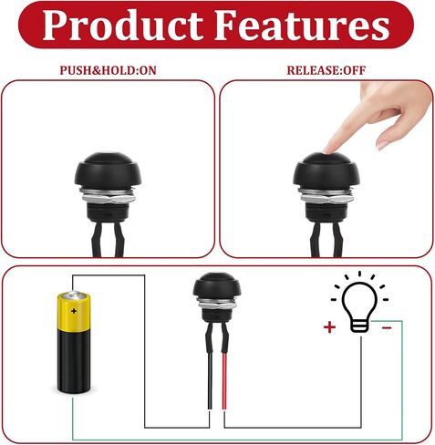 5 Pieces 1/2"/12mm Black Shell Round Pre-Wired Push Button Switches, Waterproof Momentary Switch 2 Pins Mounting Hole On/Off Wired Cabled Push Button Starter Switch in Saudi Arabia