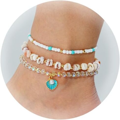 Shell Anklet Bracelets for Women 14K Gold Boho Bead Anklet Adjustable Womens Anklets Stretch Summer Beach Shell Drawstring Starfish Daisy Anklets Accessories Jewelry Gifts in Kuwait