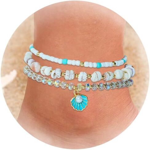 Shell Anklet Bracelets for Women 14K Gold Boho Bead Anklet Adjustable Womens Anklets Stretch Summer Beach Shell Drawstring Starfish Daisy Anklets Accessories Jewelry Gifts in Kuwait