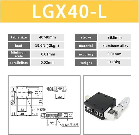 Micrometer Sliding Table X Axis LGX40-L Manual Displacement Platform Optical Knob Micrometer Sliding Stage Steel Bar Ball Guide Rail 40 * 40mm in Saudi Arabia