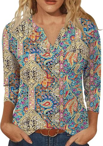 Lomon Women's 3/4 Length Sleeve Tops v Neck Dary Dary Dasual Fashion Fashion Tunic Turts Summer Summer 2025 in Saudi Arabia