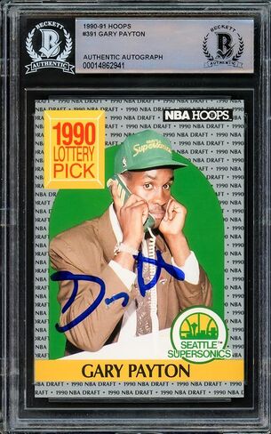 Gary Payton موقعة 1990-91 Hoops Rookie Card #391 Seattle Supersonics Beckett BAS Stock #209777 - بطاقات موقعة كرة السلة in Saudi Arabia