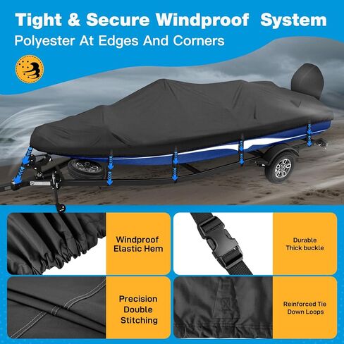 غطاء القوارب ، أغطية القوارب الثقيلة لبطولة الجهير 17 '18' 19 'قدم ، 600D مقاوم للماء قارب باس يناسب 17-19 قدم V-Hull ، Tri-Hull ، قارب باس ، أسود مملة in Kuwait