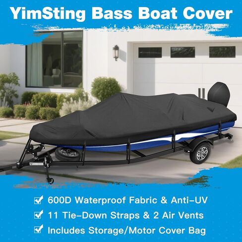 غطاء القوارب ، أغطية القوارب الثقيلة لبطولة الجهير 17 '18' 19 'قدم ، 600D مقاوم للماء قارب باس يناسب 17-19 قدم V-Hull ، Tri-Hull ، قارب باس ، أسود مملة in Kuwait