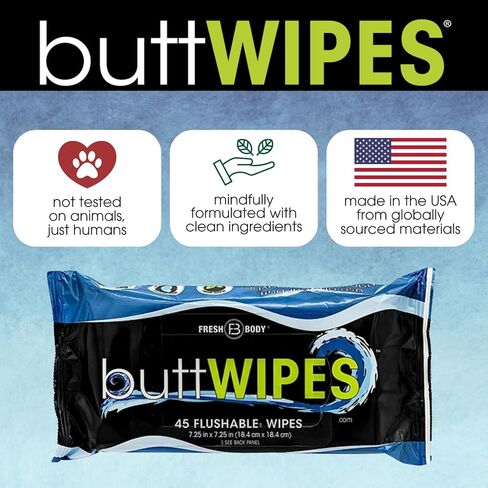 buttWIPES Flushable Wipes (1 Pack, 45 wipes) - Flushable Wipes for Adults - Water-Based Butt Wipes with Aloe and Vitamin E - Made Without Alcohol or Added Fragrance in Kuwait
