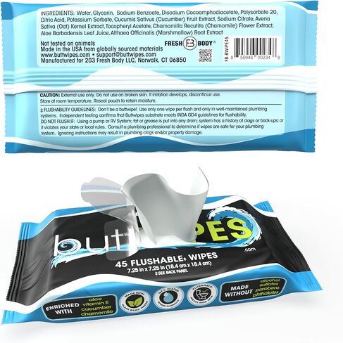 buttWIPES Flushable Wipes (1 Pack, 45 wipes) - Flushable Wipes for Adults - Water-Based Butt Wipes with Aloe and Vitamin E - Made Without Alcohol or Added Fragrance in Kuwait