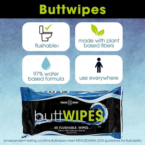 buttWIPES Flushable Wipes (1 Pack, 45 wipes) - Flushable Wipes for Adults - Water-Based Butt Wipes with Aloe and Vitamin E - Made Without Alcohol or Added Fragrance in Kuwait
