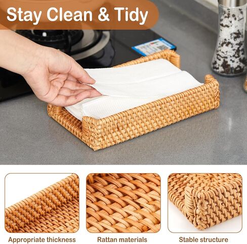 Rattan Napkin Holder Square Boho Wicker Tissue Cube Box Cover 9.5" x 5.5" x 2" Wicker Napkin Tray Woven Guest Towel Holder Storage Tray for Restaurant Kitchen Bathroom for Table in Saudi Arabia