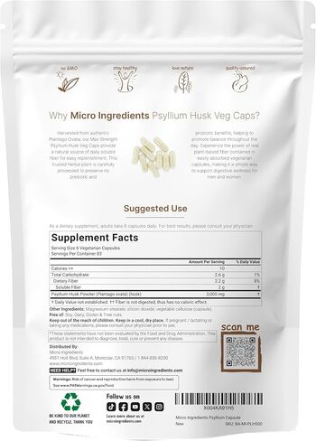 Psyllium Husk Veg Caps 3,000mg, 500 Veggie Capsules | Soluble Fiber Supplement | Max Strength | India Origin | Natural Prebiotics & Probiotics | Gut & Digestive Health Support | Vegan, Non-GMO in Saudi Arabia