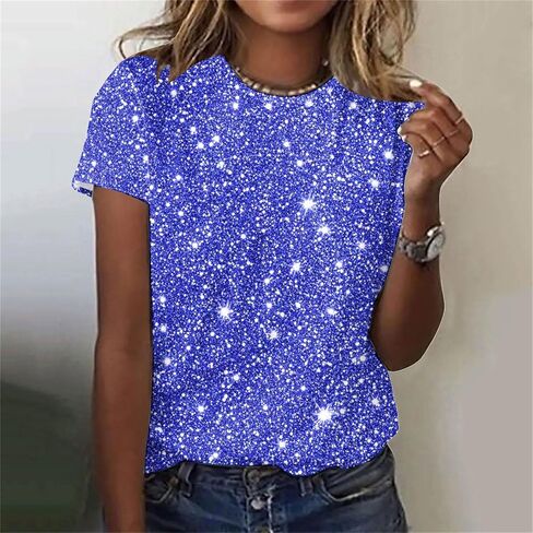 Plus Size Tops for Women 2025 Trendy Sparkly Sequins Shirts Short Sleeves Crewneck Loose Casual Glitter T-Shirts in Saudi Arabia