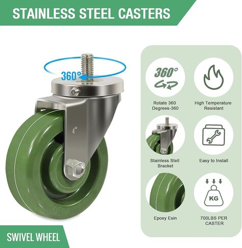 Stainless Steel 4 Inch Heavy Duty Casters, Stem Caster Wheels- Anti-Corrosion Rust-Proof High Temperature Oven Rack Casters Capacity up to 700 Lb Per. Use for Ovens, and Dryers (2 Swivel) in Kuwait