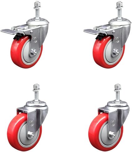 Polyurethane Swivel Threaded Stem Caster Set of 4 w/4" x 1.25" Red Wheels and 3/8" Stems - Includes 2 with Top Locking Brake - 1400 lbs Total Capacity - Service Caster Brand in Saudi Arabia
